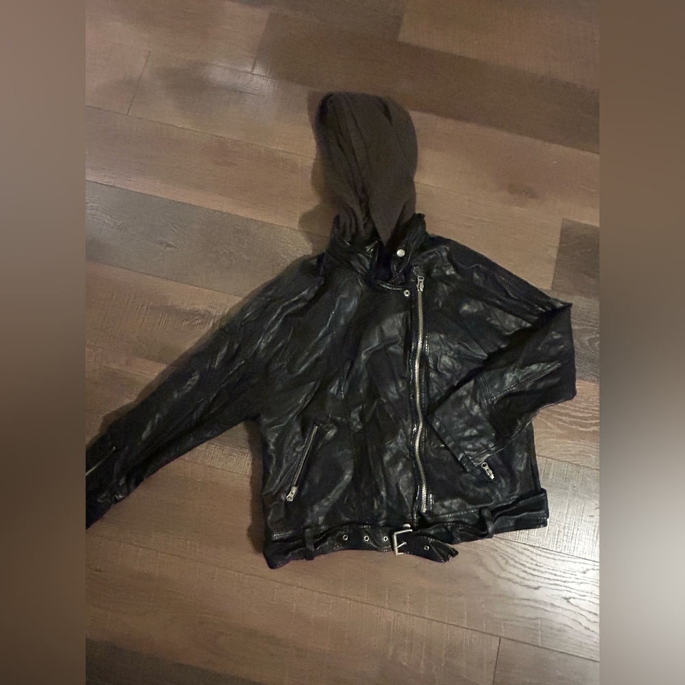 Free People moto biker faux leather jacket size medium removable hood